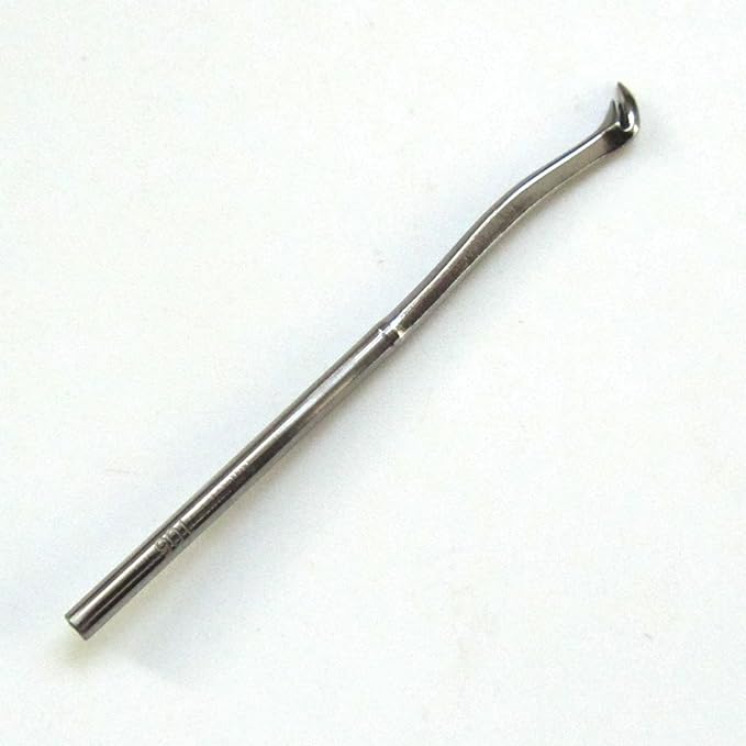 A silver-colored metal pry bar with a tapered end and a visible measurement marking of 105 on its side.