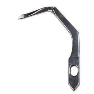 A metal sewing machine chain looper with a looped end and a sharp pointed end.